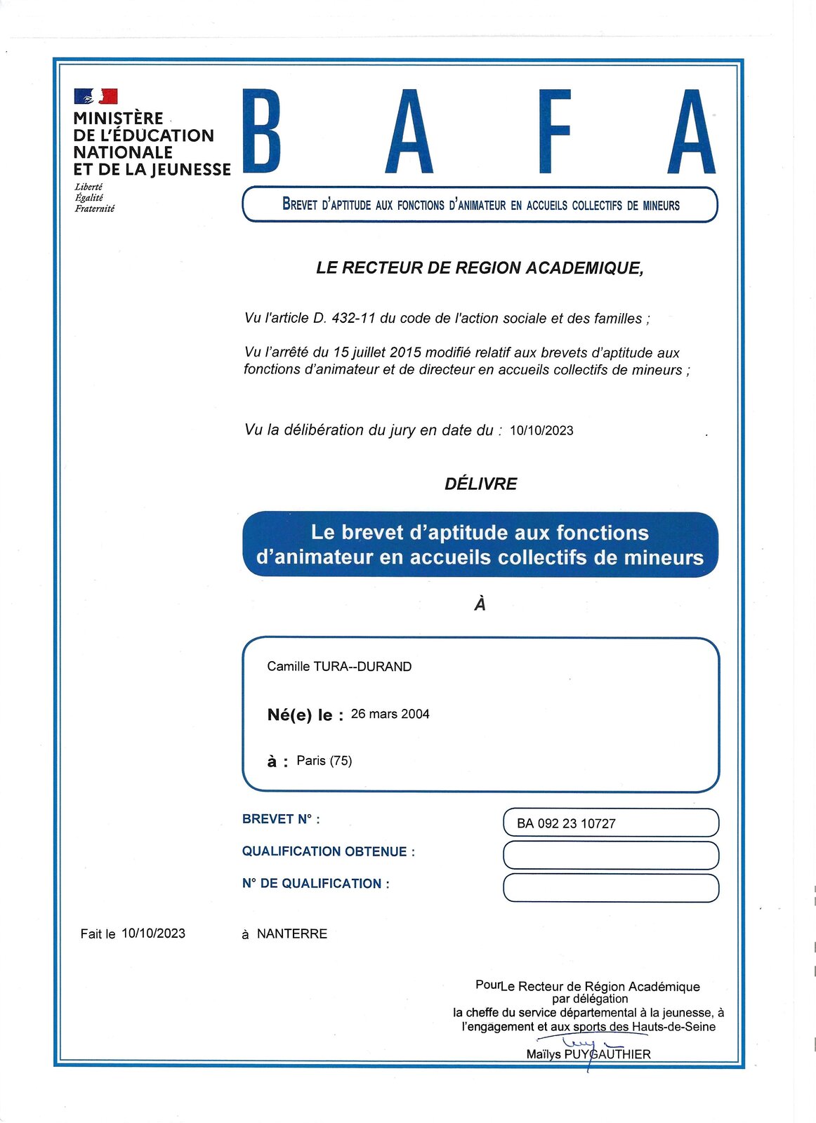 Diplôme BAFA